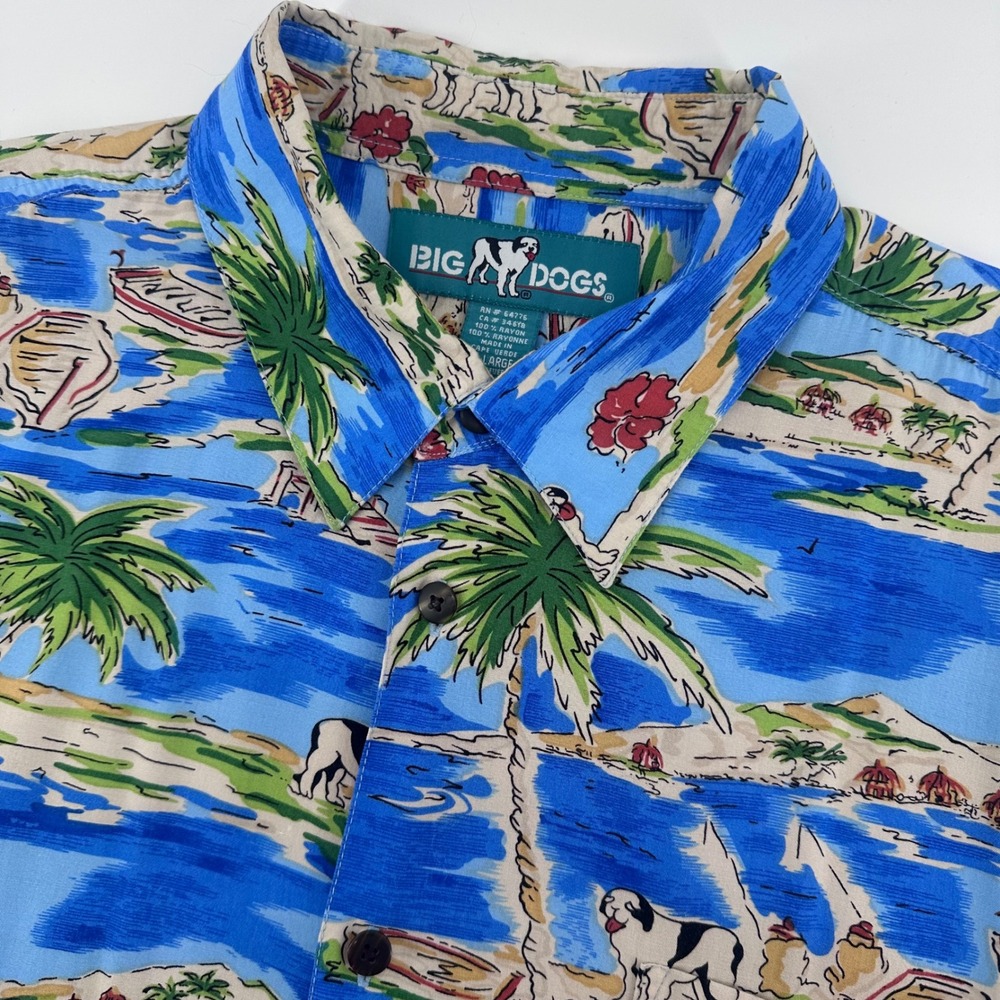 Big Dogs Button Down Shirt Mens XL Blue Tropical Island Palm Tree Rayon Hawaiian